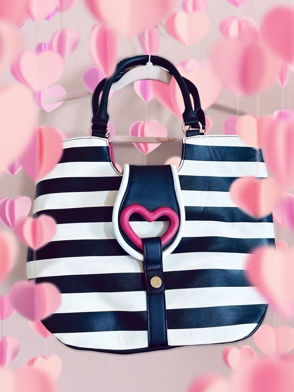 Betsey Johnson Black & White Striped Shoulder Bag with Pink Heart.